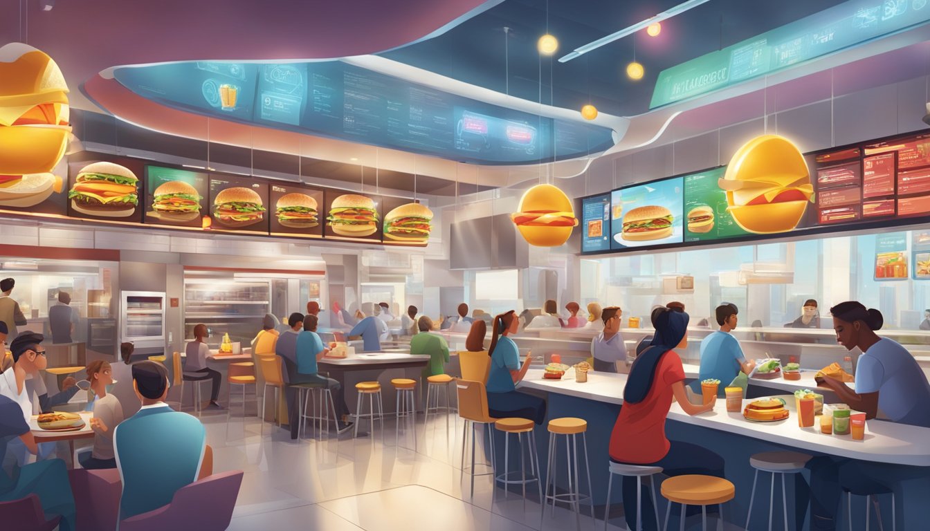 A bustling fast-food restaurant with futuristic decor and high-tech cooking equipment. Customers compare McDonald's and Smashburger menu items