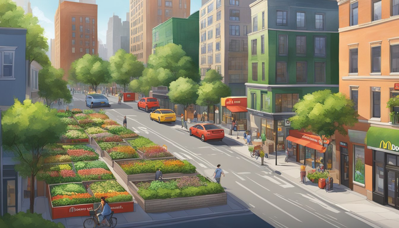 A bustling city street with a McDonald's and Smashburger side by side, both with visible recycling and compost bins, and a lush green rooftop garden on the buildings