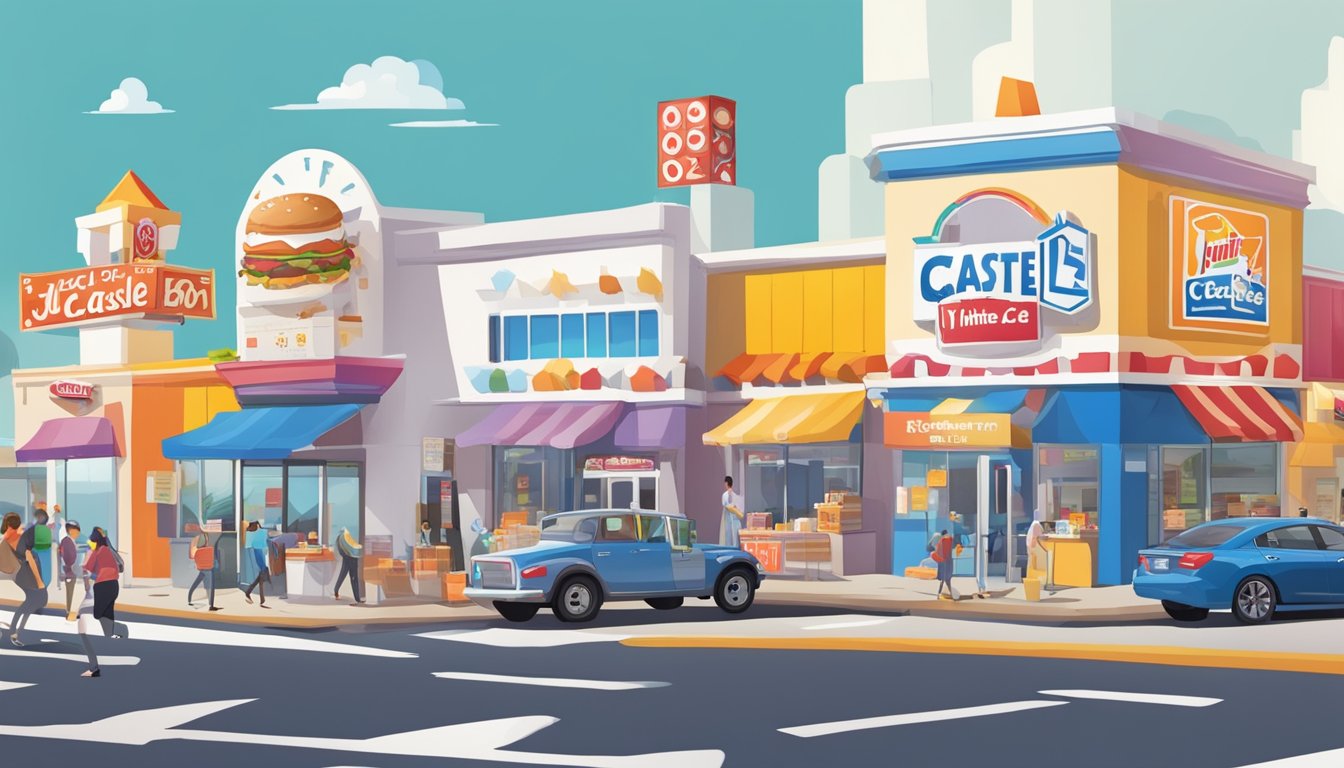 A bustling street with a Jack in the Box and White Castle side by side, each with colorful signs and busy drive-thru lanes