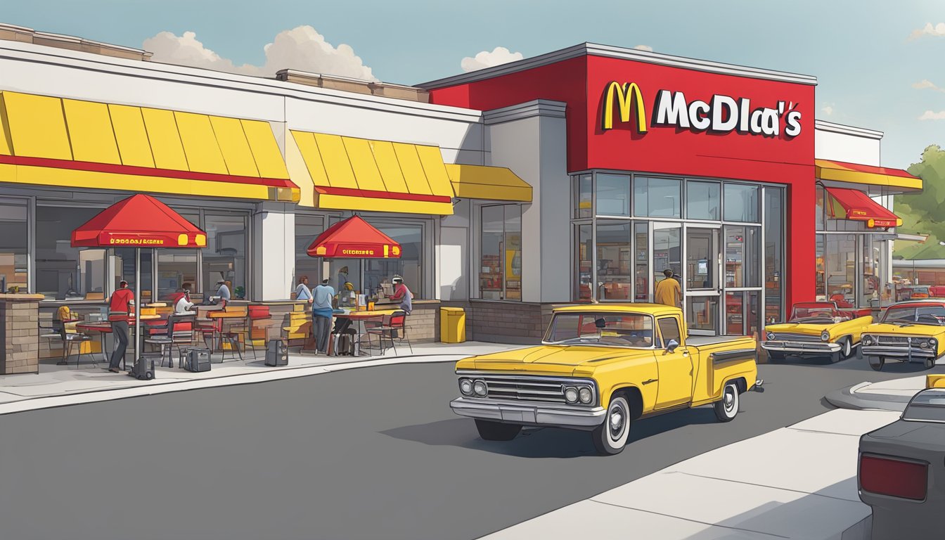 A bustling McDonald's drive-thru contrasted with a busy Five Guys restaurant, both adorned with iconic red and yellow branding