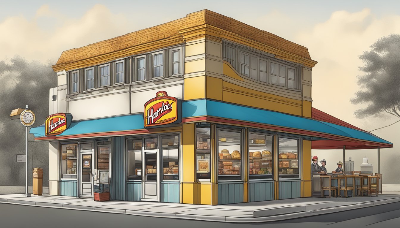 A jack-in-the-box and Hardee's restaurant stand side by side, representing the historical background and development of these two iconic entities