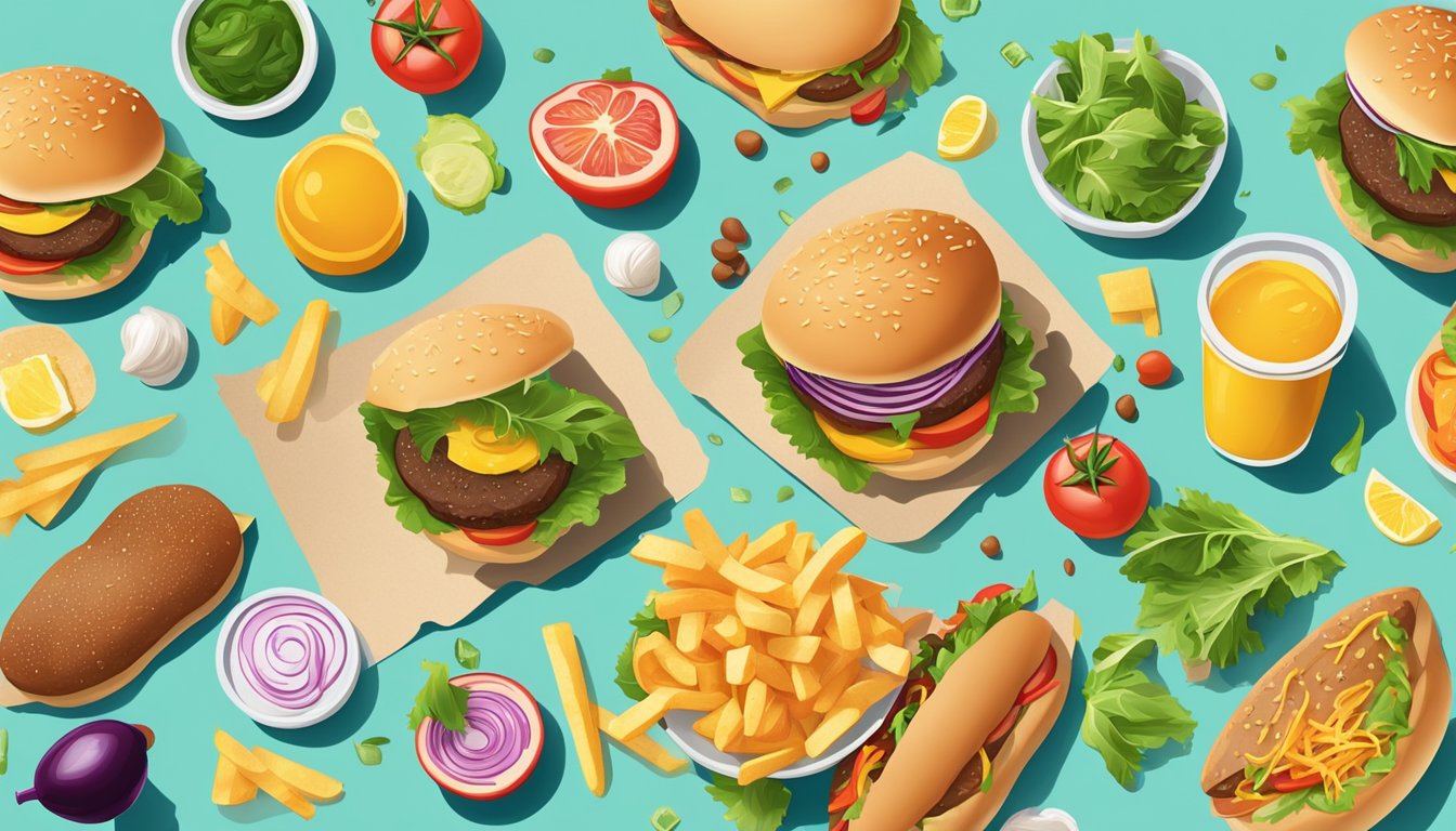 A spread of fresh, colorful ingredients arranged on a clean, modern backdrop contrasts with a messy pile of juicy, flavorful burgers and fries