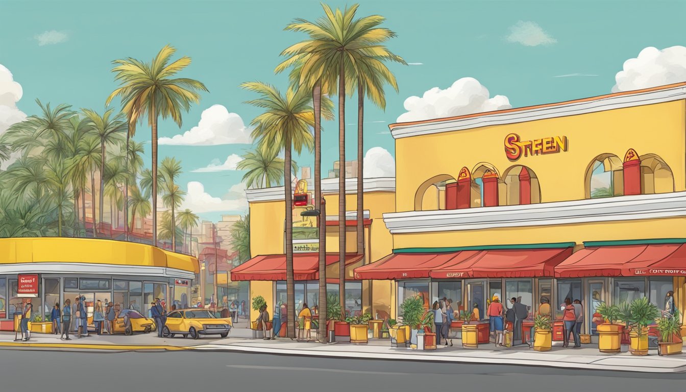 A bustling street corner with iconic red and yellow arches on one side and a palm tree-lined drive-thru on the other