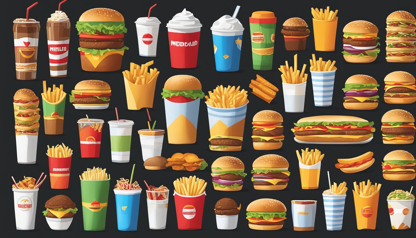 A colorful spread of fast food items, with burgers, fries, and drinks from McDonald's and Five Guys, surrounded by nutritional charts and health-related imagery