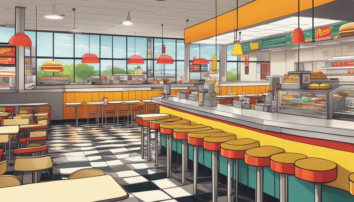 A bustling McDonald's restaurant with a colorful, modern interior contrasts with a simple, retro In-N-Out Burger location