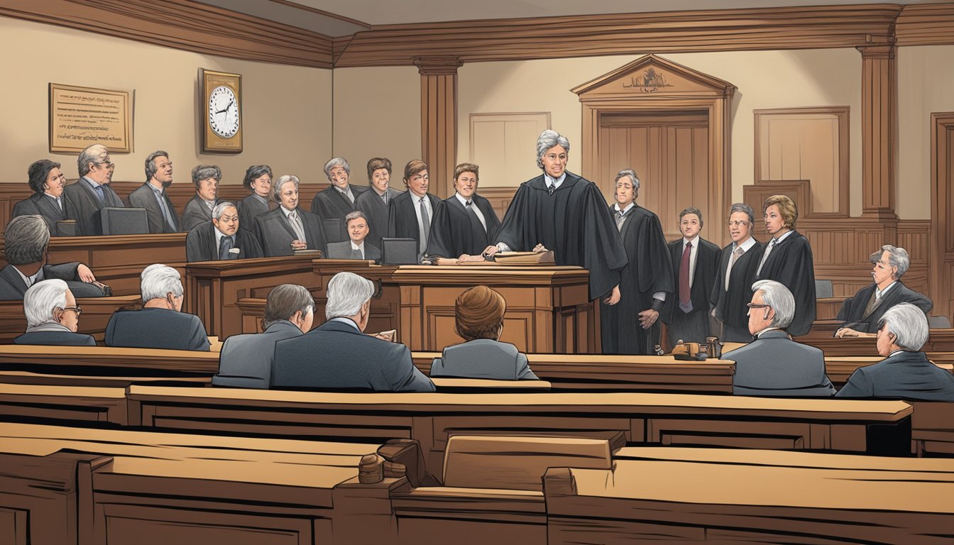 A courtroom with a judge, lawyers, and a jury, with a Jack in the Box and Hardee's logos displayed as evidence