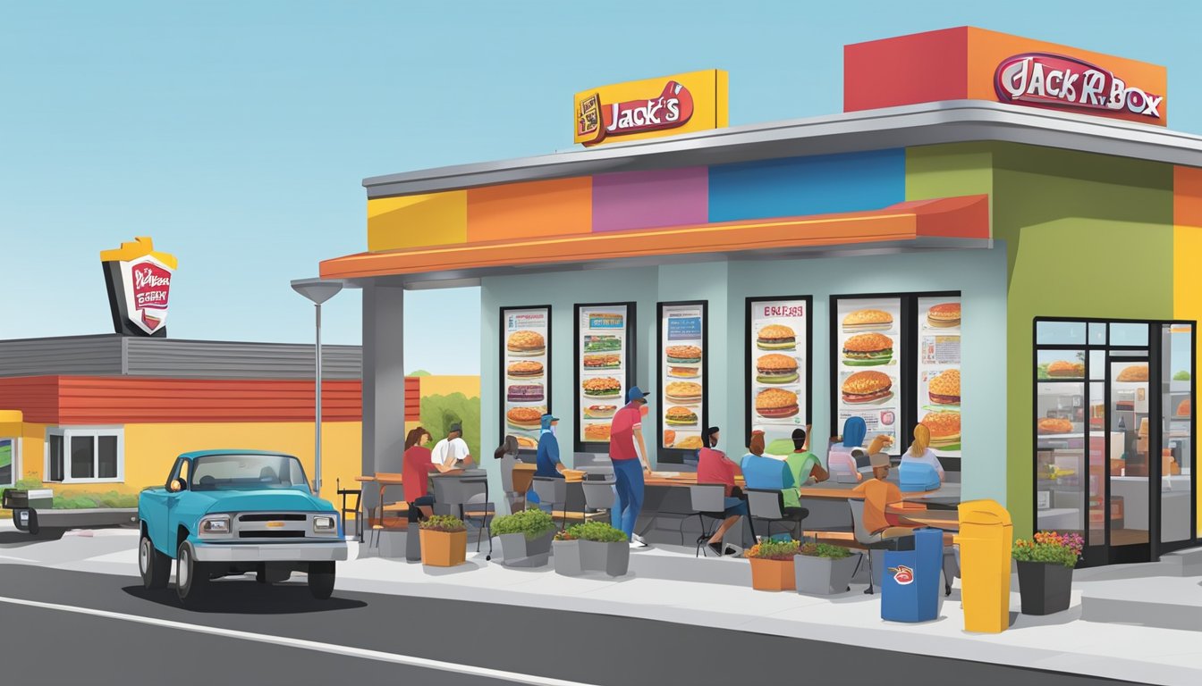 A busy drive-thru with colorful signage and menu boards, cars lined up at both Jack in the Box and Hardee's. Staff visible through the windows