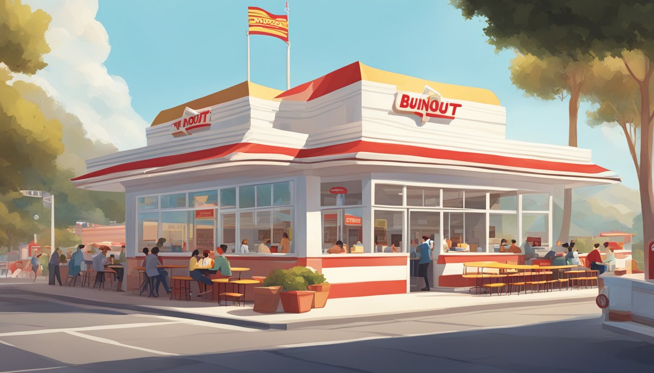 A bustling In-N-Out Burger with a sunny outdoor seating area contrasts with a cozy White Castle adorned with vintage signage and a retro aesthetic