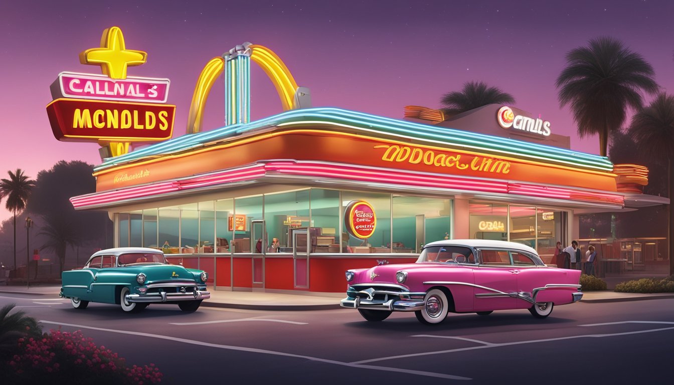 A bustling 1950s-style diner with a neon-lit McDonald's sign on one side and a retro Carls Jr logo on the other