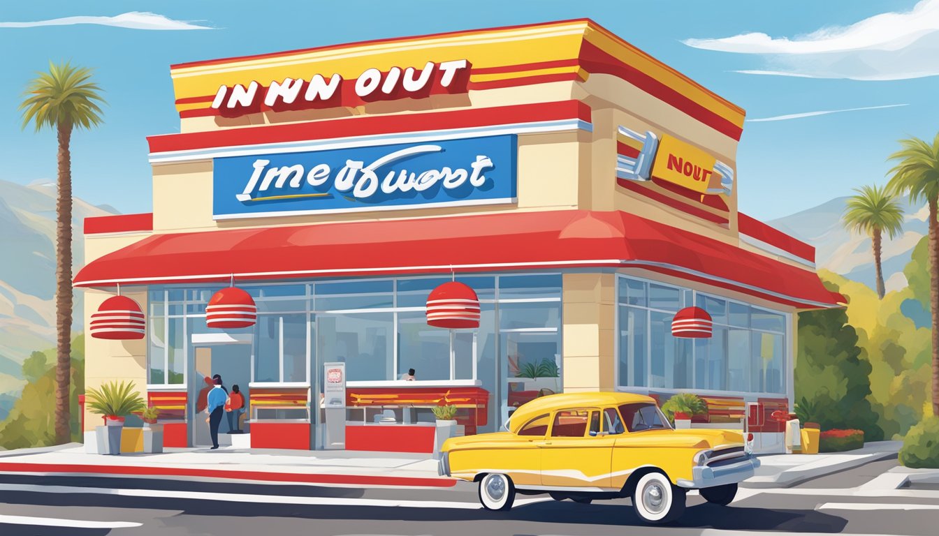 A colorful, bustling fast food restaurant with two distinct burger logos prominently displayed. The iconic red and yellow decor of In-N-Out Burger contrasts with the blue and white of White Castle