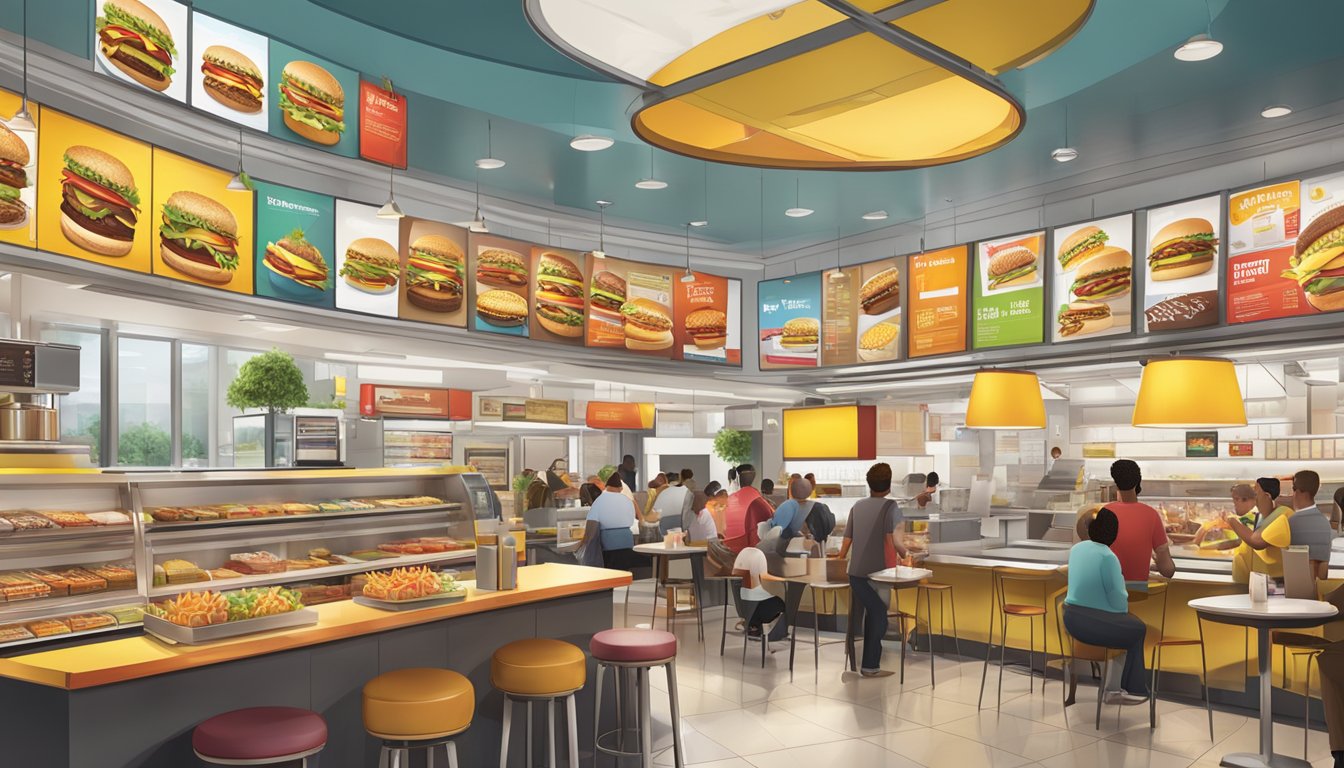 A bustling fast-food restaurant with colorful menu boards and iconic signature items on display, showcasing the offerings of McDonald's and Fatburger