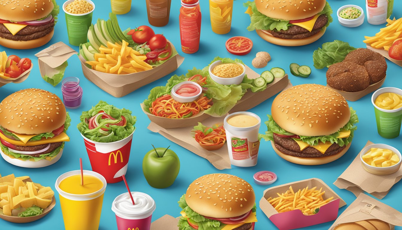 A colorful spread of fresh ingredients and detailed nutritional labels for McDonald's and Fatburger