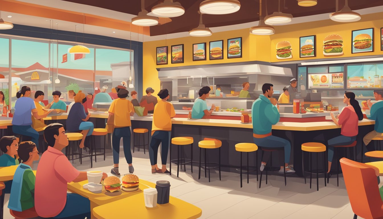 A bustling McDonald's filled with families and friends, contrasted with a cozy Fatburger adorned with retro decor and a laid-back vibe