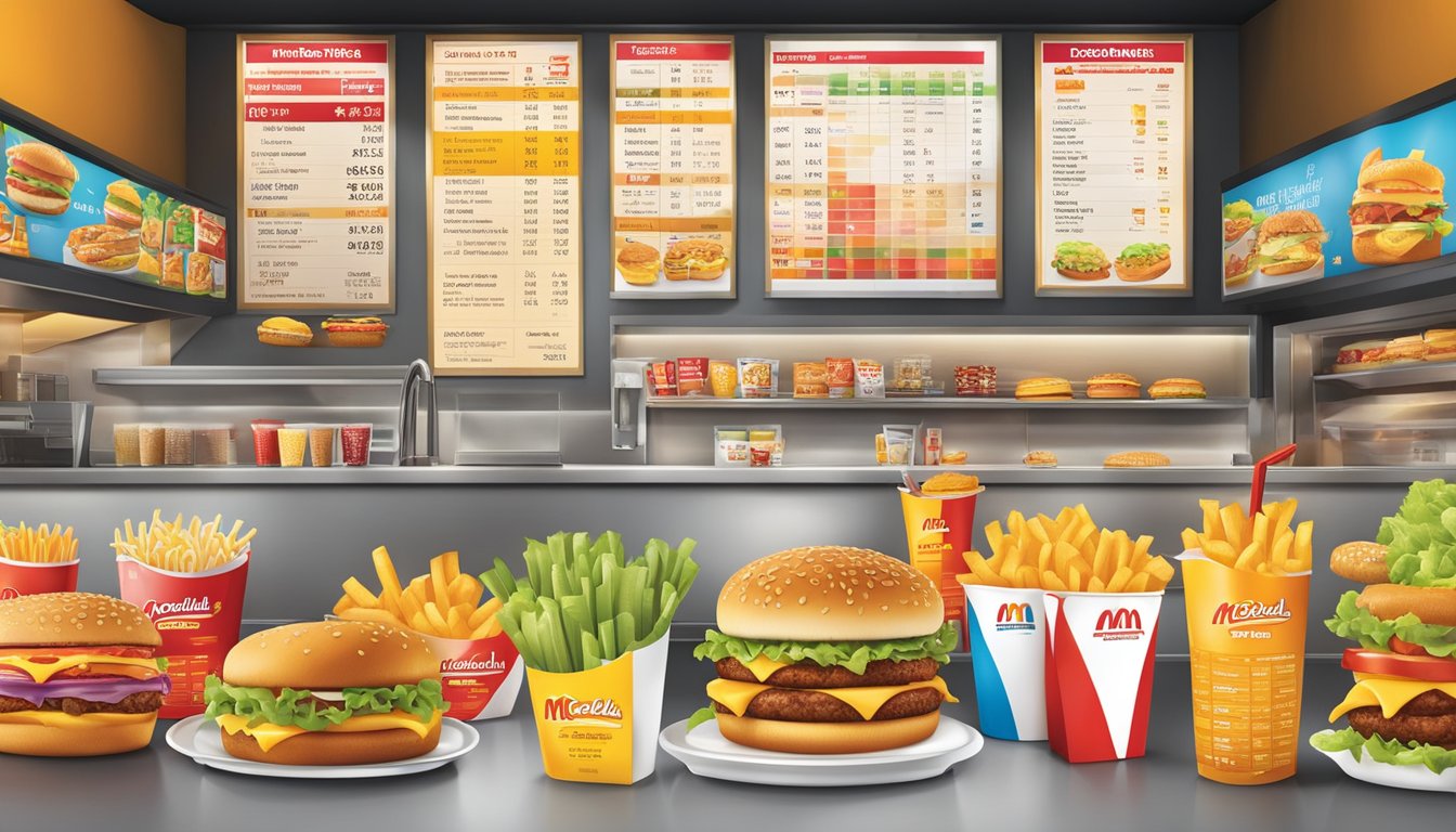 A colorful display of fast food items and nutritional information charts at McDonald's and Carl's Jr. counters