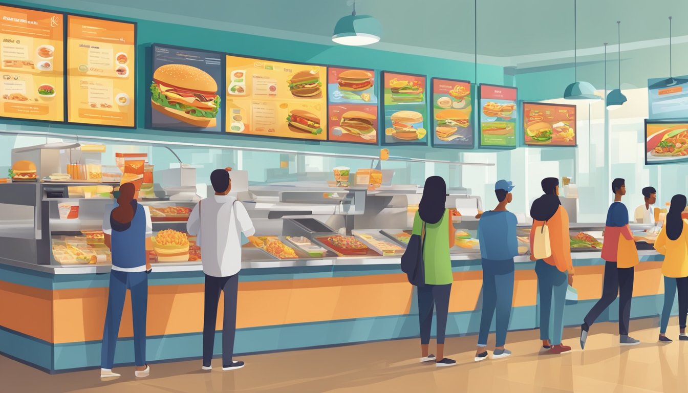 A bustling fast-food restaurant with a line of customers at the counter. Brightly colored menu boards display prices and value meal options