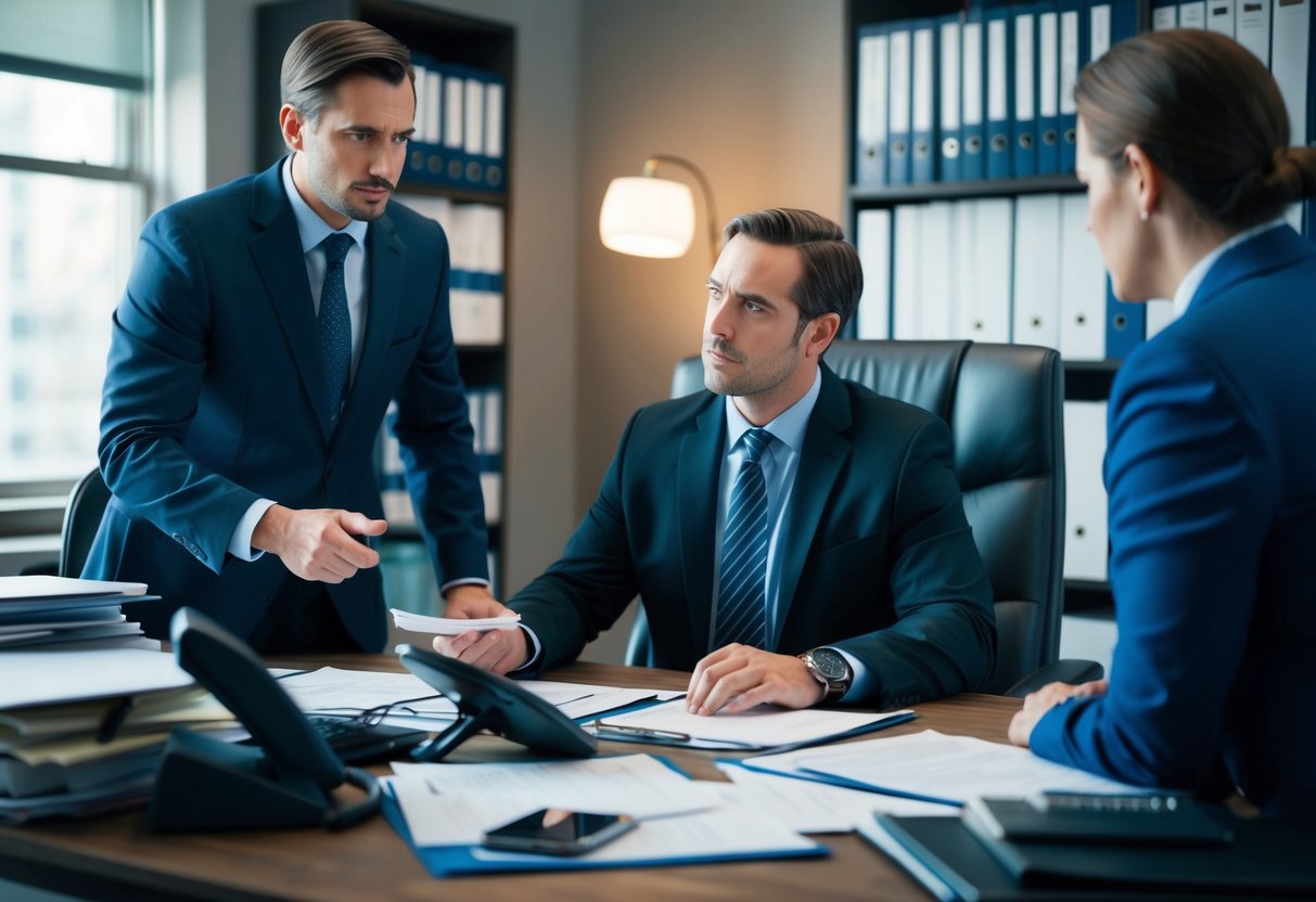 A truck accident lawyer negotiates with insurance adjusters in a dimly lit office, surrounded by files and legal documents. Phone calls and paperwork cover the desk