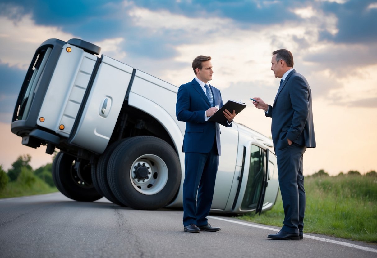 A truck accident lawyer standing in front of a overturned truck, taking notes and talking to a distressed client
