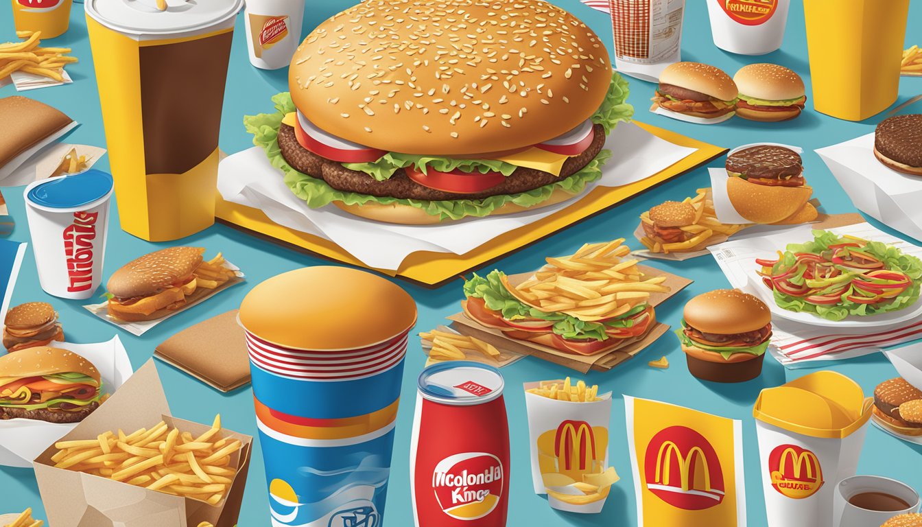 A table with McDonald's and Burger King menus side by side, surrounded by iconic logos and packaging