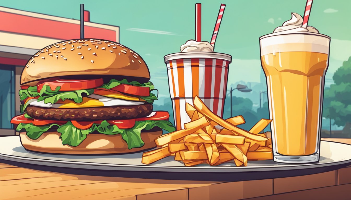 A juicy, perfectly grilled burger sits next to crispy fries. A milkshake and soda complete the meal