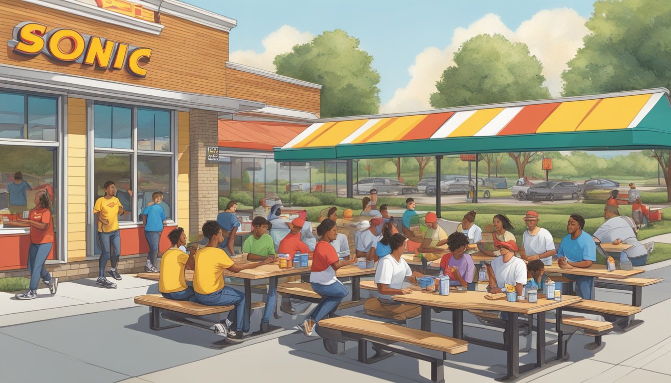 Customers enjoying burgers and fries at outdoor picnic tables. Servers delivering food on roller skates at Sonic, while In-N-Out staff take orders at a drive-thru window