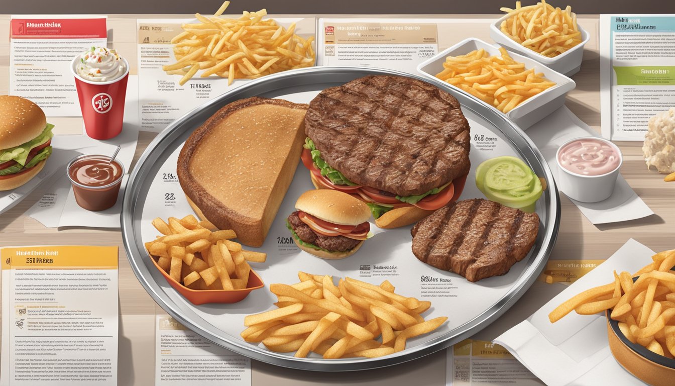 A table with fast food items from Jack in the Box and Steak 'n Shake, surrounded by nutritional information labels and comparison charts