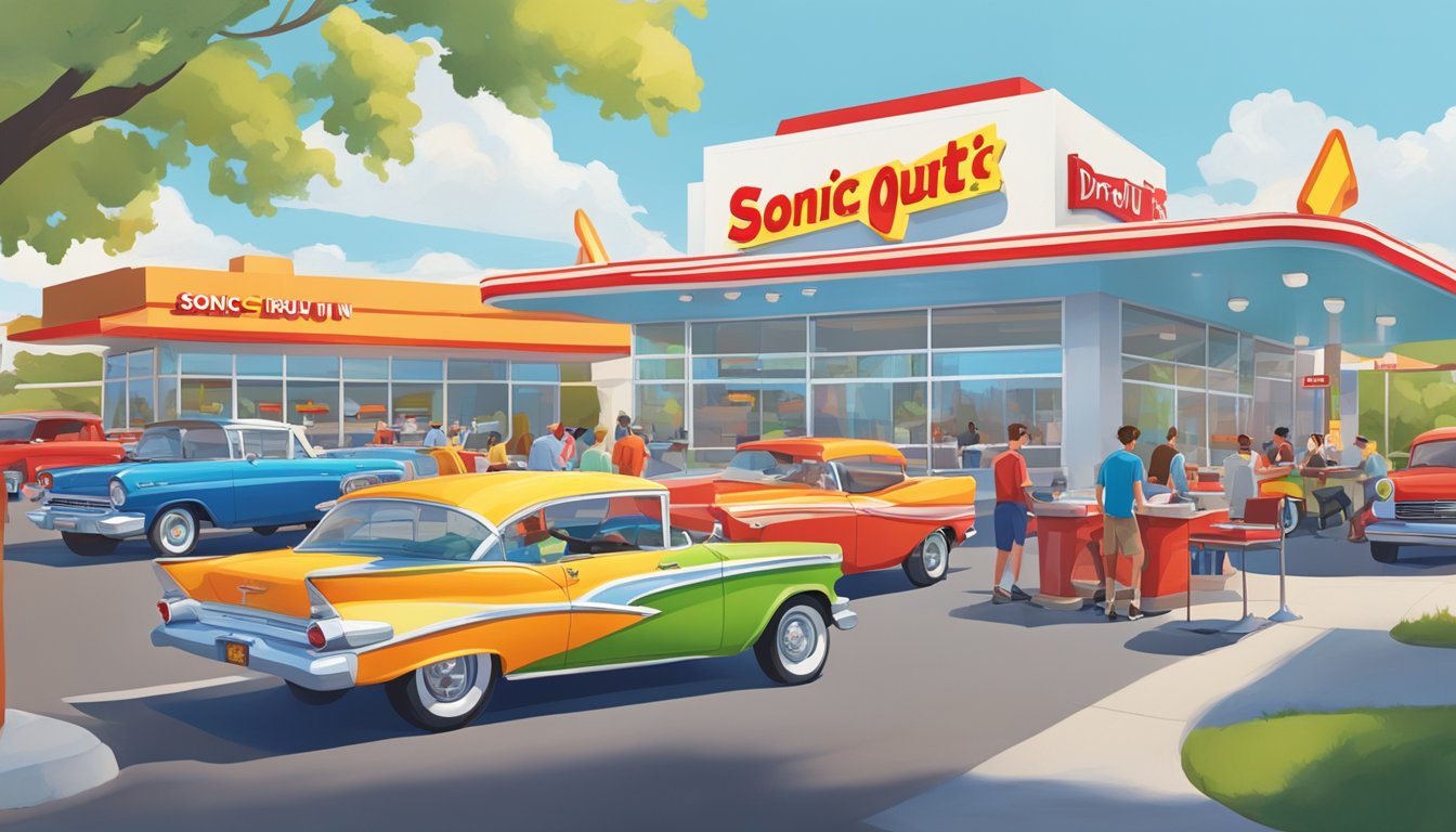 A bustling fast-food strip with colorful signage, cars lined up at drive-thrus, and a mix of outdoor seating at In-N-Out Burger and Sonic Drive-In