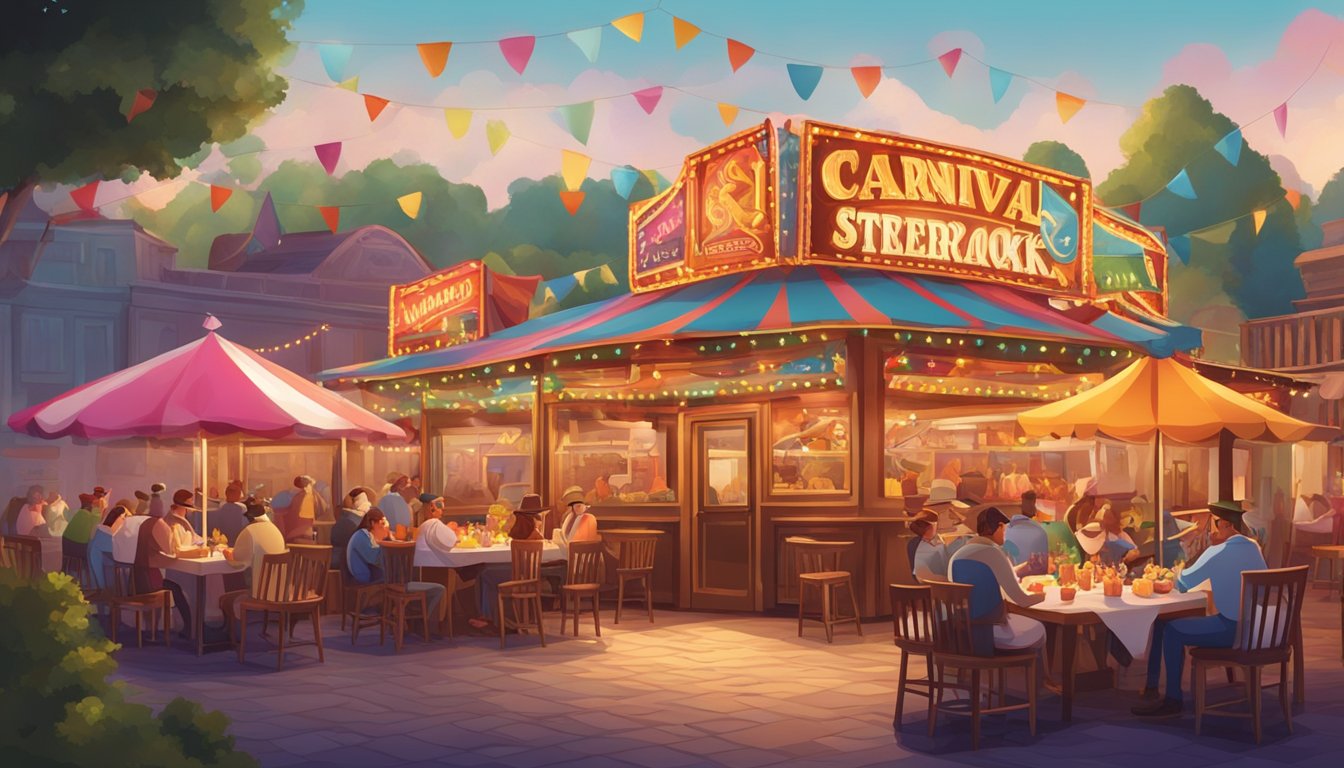 A colorful carnival with a variety of bold and playful flavors on one side, and a classic, rustic steakhouse with rich and hearty tastes on the other