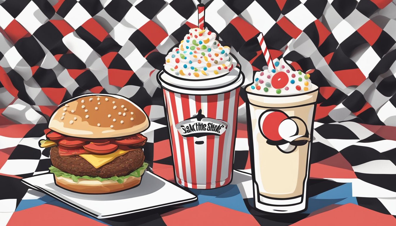 A colorful, playful jack-in-the-box sits next to a classic steak n' shake milkshake on a checkered tablecloth