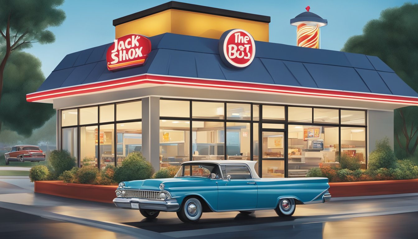 A bustling Jack in the Box drive-thru contrasts with a quaint Steak n Shake diner, highlighting the fast food vs. sit-down dining experience