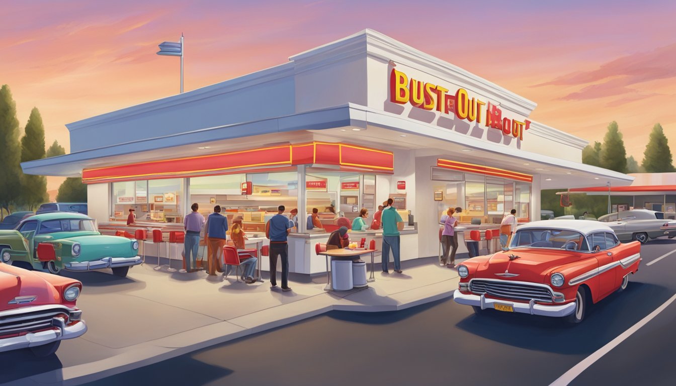 A bustling In-N-Out Burger with a long line of customers, while a quiet Sonic Drive-In sits with empty car stalls