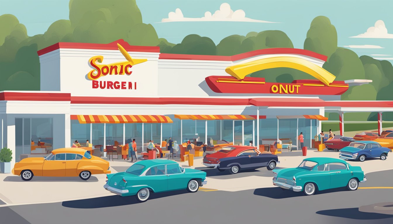 A crowded parking lot with a line of cars at both In-N-Out Burger and Sonic Drive-In, with colorful signage and outdoor seating