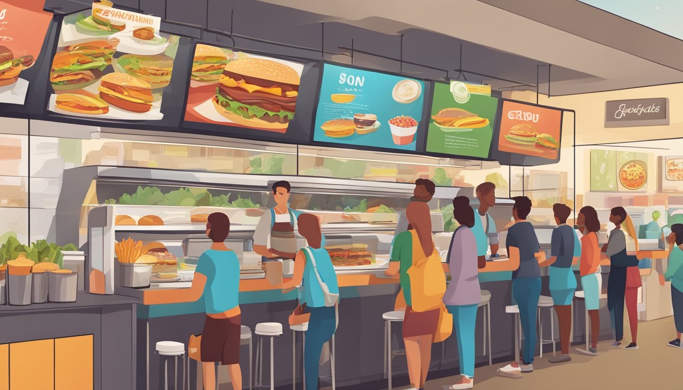 A bustling fast-food restaurant with a colorful menu board displaying various food items and signature dishes. Customers line up at the counter to place their orders