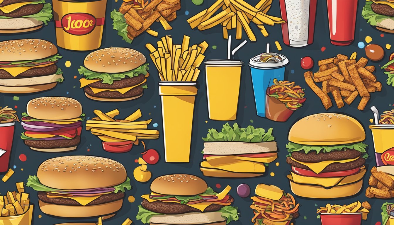 A colorful spread of fast food items, with burgers, fries, and drinks, highlighting the differences in nutritional content and health considerations between Jack in the Box and Fatburger