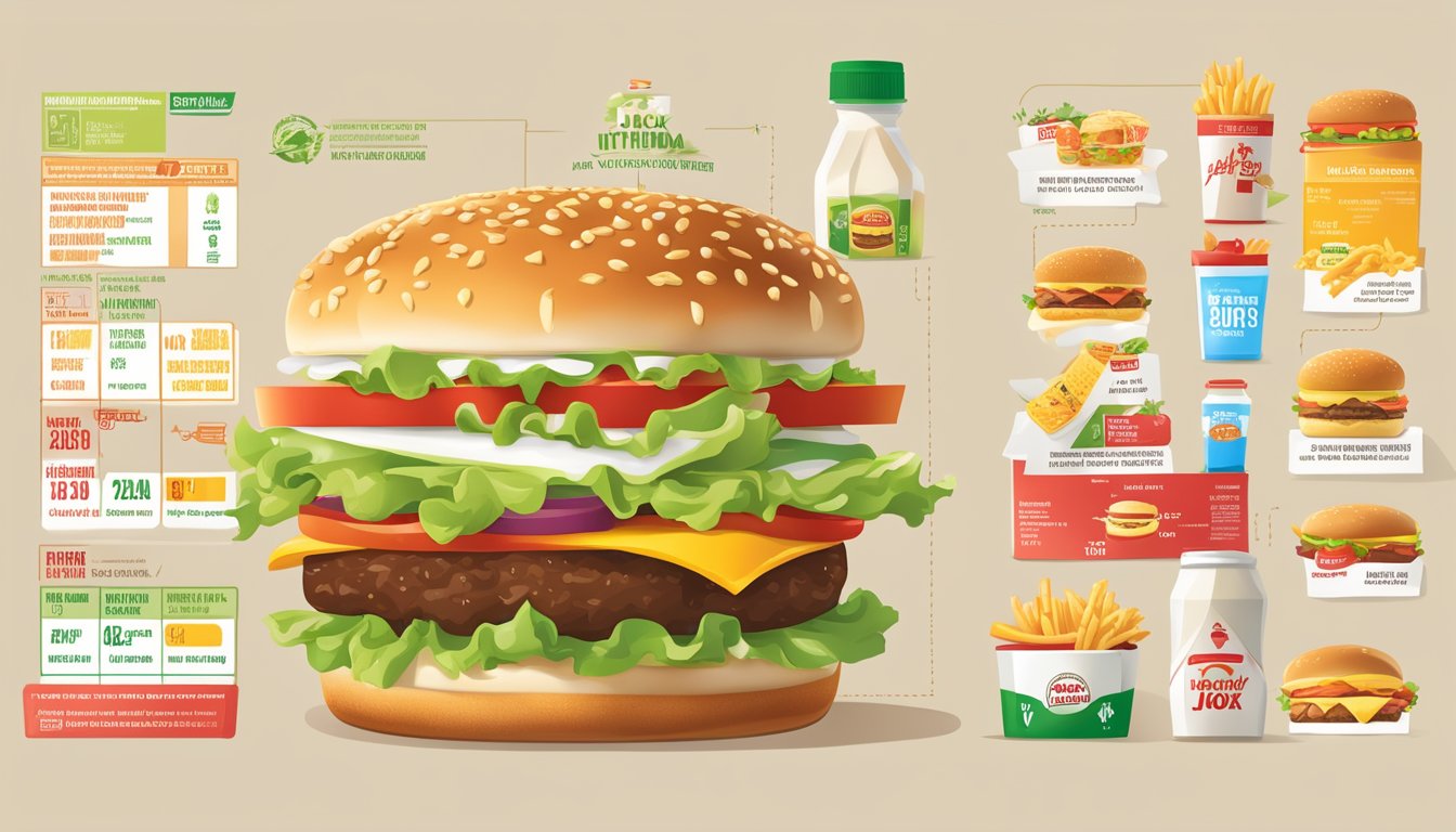 A comparison of In-N-Out Burger and Jack in the Box logos, surrounded by icons representing nutritional information and health considerations