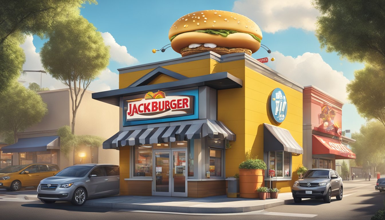 A giant jack in the box towering over a Fatburger restaurant, with a comical face and spring popping out