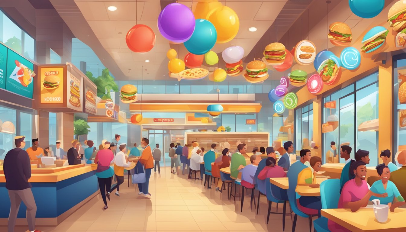 A bustling fast-food restaurant with colorful signage and mascots, surrounded by eager customers and a lively atmosphere