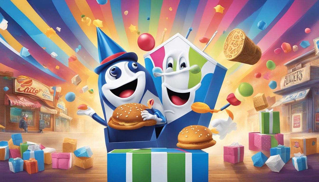 A colorful jack-in-the-box and Culver's sign face off in a playful showdown, surrounded by a whimsical and vibrant backdrop