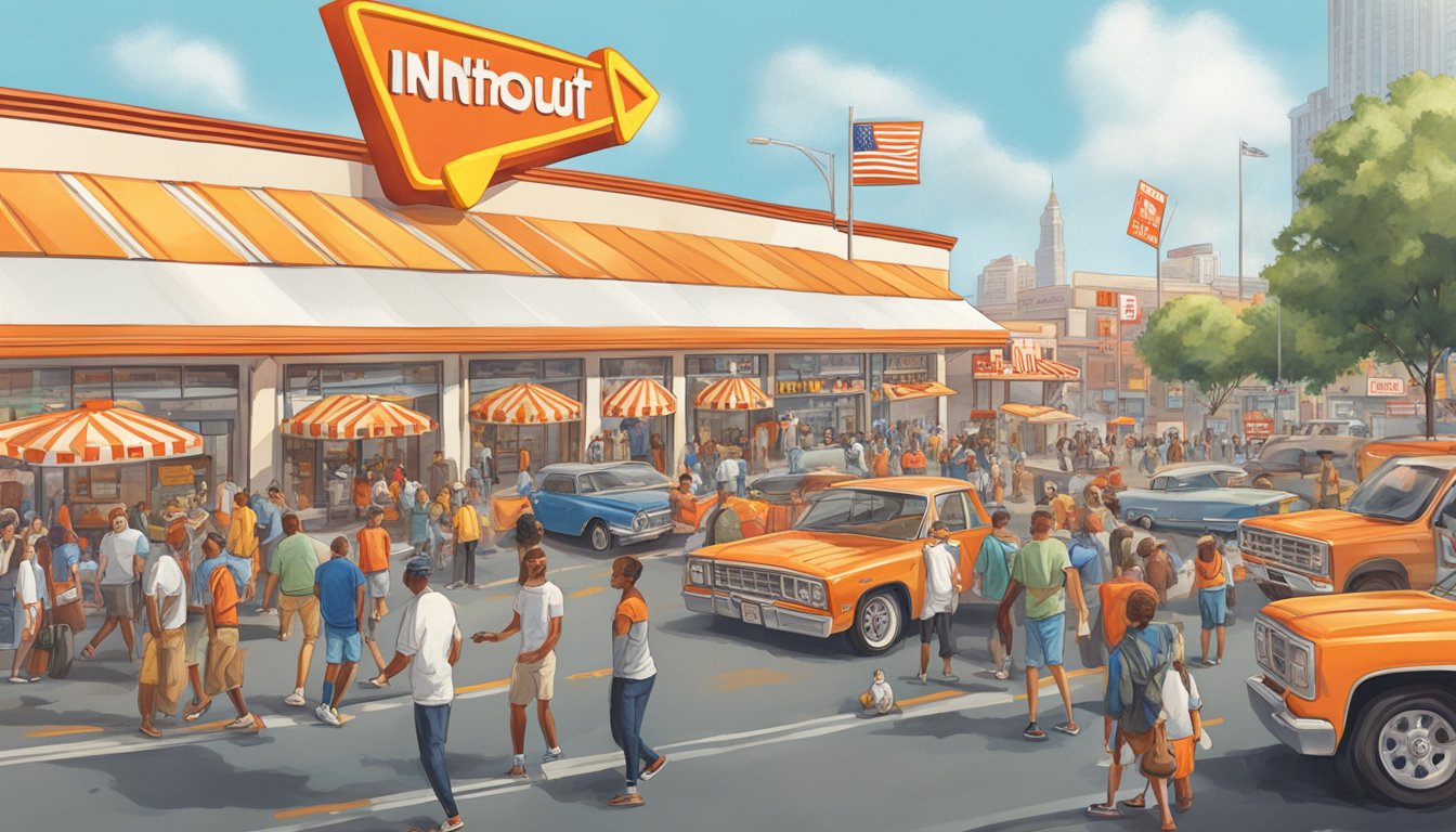 A bustling city street with In-N-Out and Whataburger signs on opposite sides, surrounded by eager customers and busy traffic