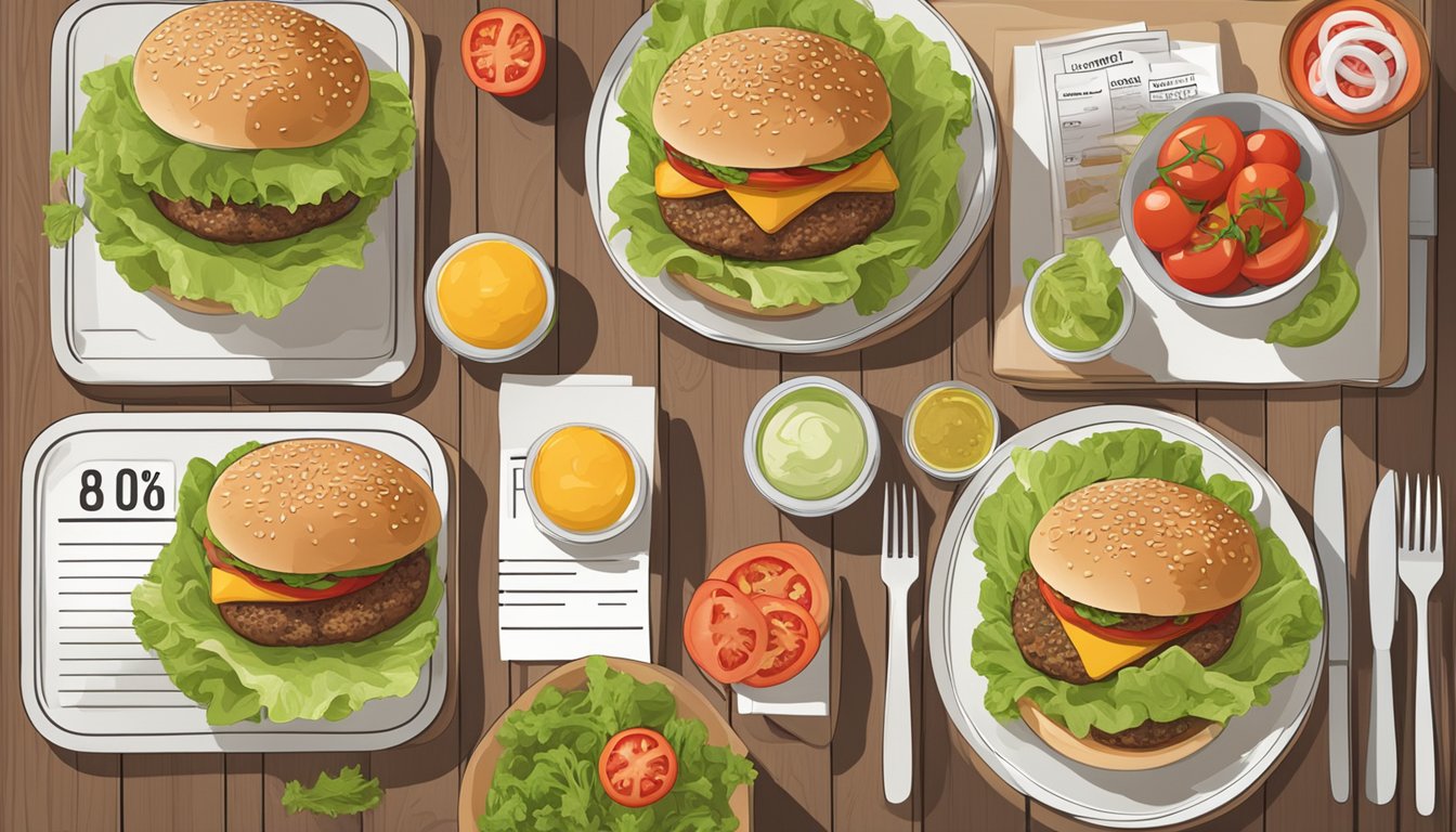 A table with two plates of burgers, surrounded by scattered lettuce and tomato slices, with nutrition labels and fat content percentages displayed prominently