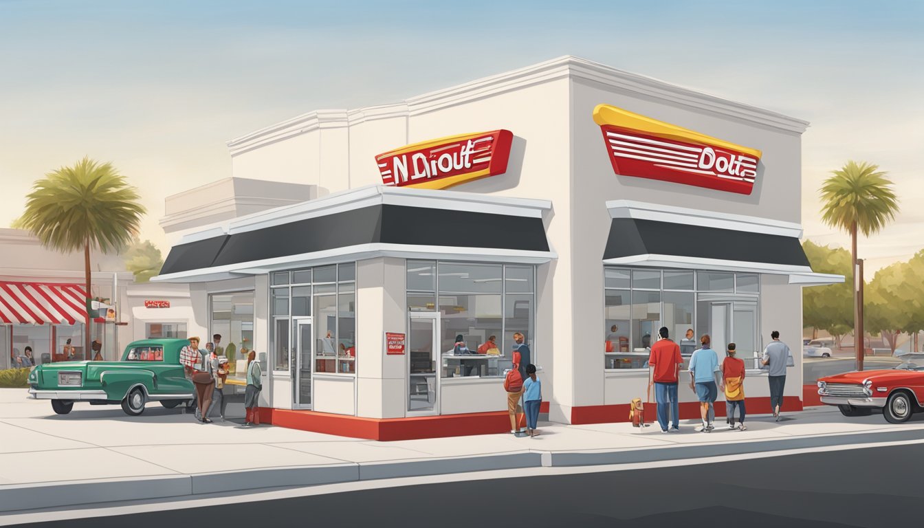 A bustling In-N-Out Burger with a line of customers out the door, while a newly constructed Steak 'n Shake sits empty next door