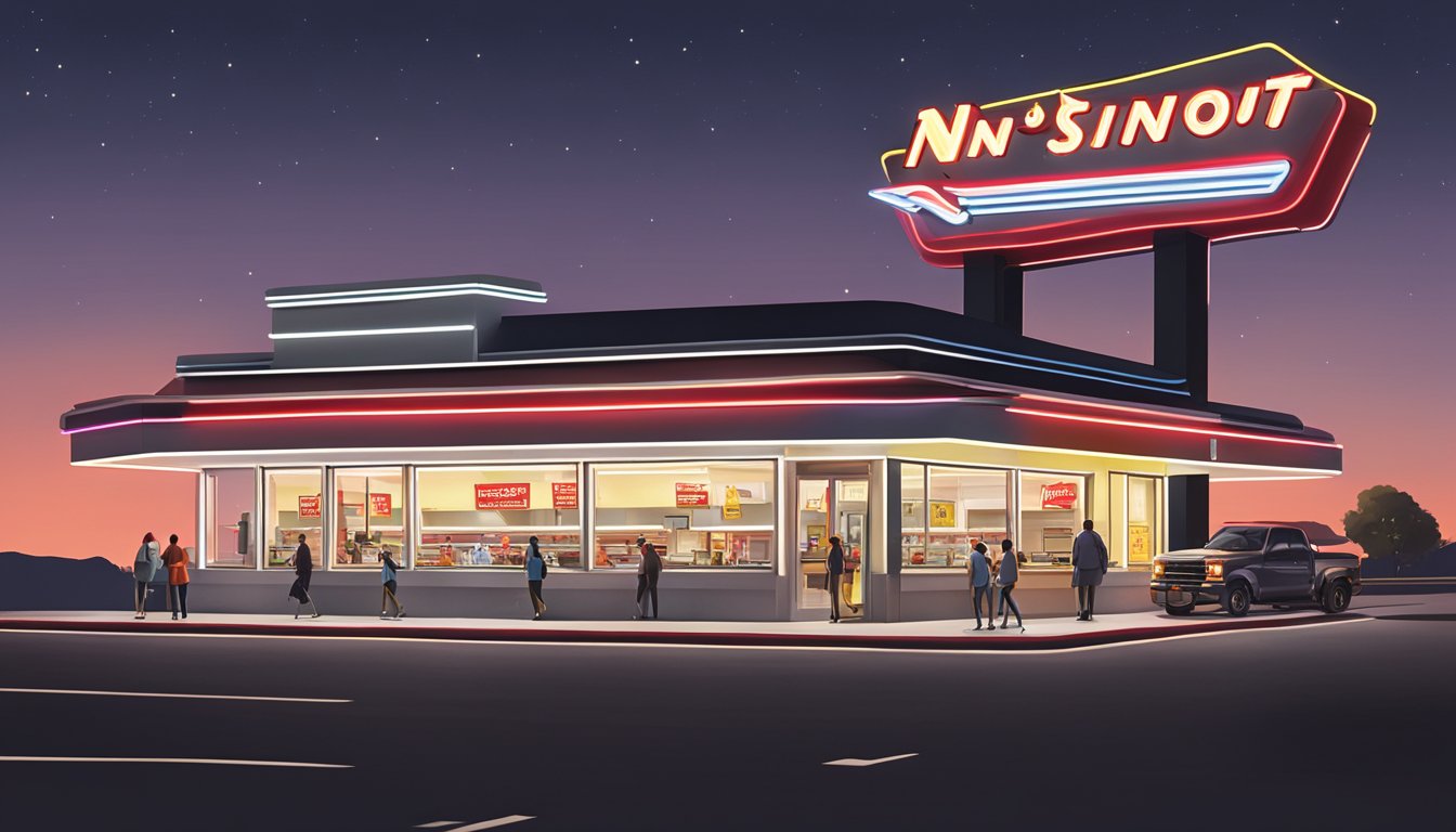 A bustling In-N-Out Burger with a long line of customers, while a quiet Steak 'n Shake sits empty with a neon sign glowing