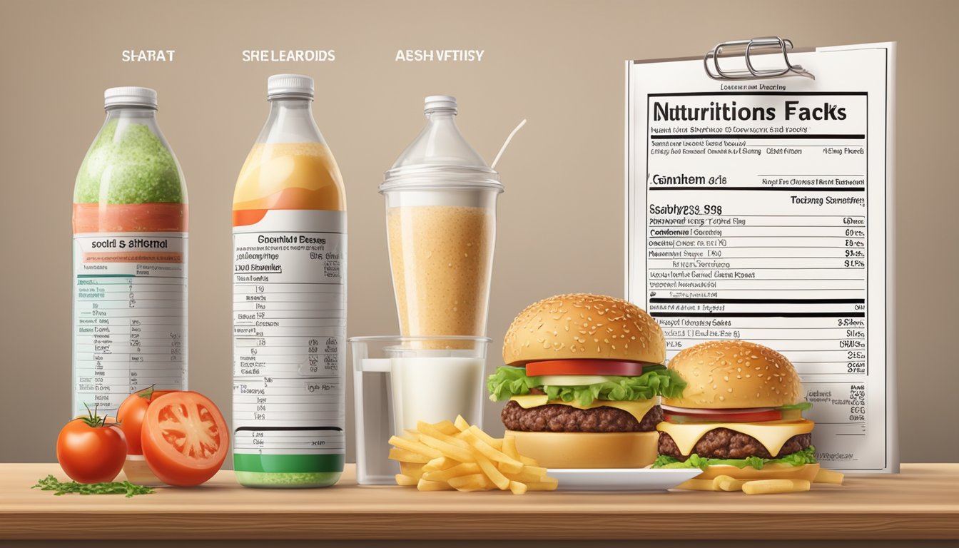 A comparison of burger and shake ingredients displayed on a table with nutritional labels and dietary symbols