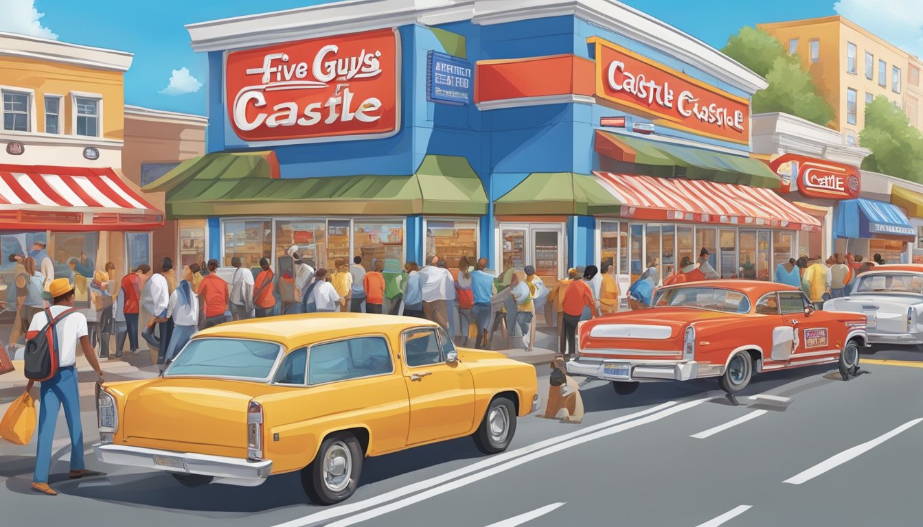 A bustling street with a Five Guys and White Castle side by side, each with a line of customers and colorful signs