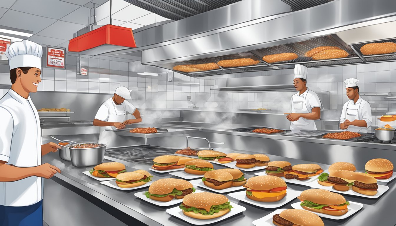 A busy kitchen with sizzling grills and trays of fresh ingredients at Five Guys, while White Castle features a fast-paced assembly line of sliders and fries