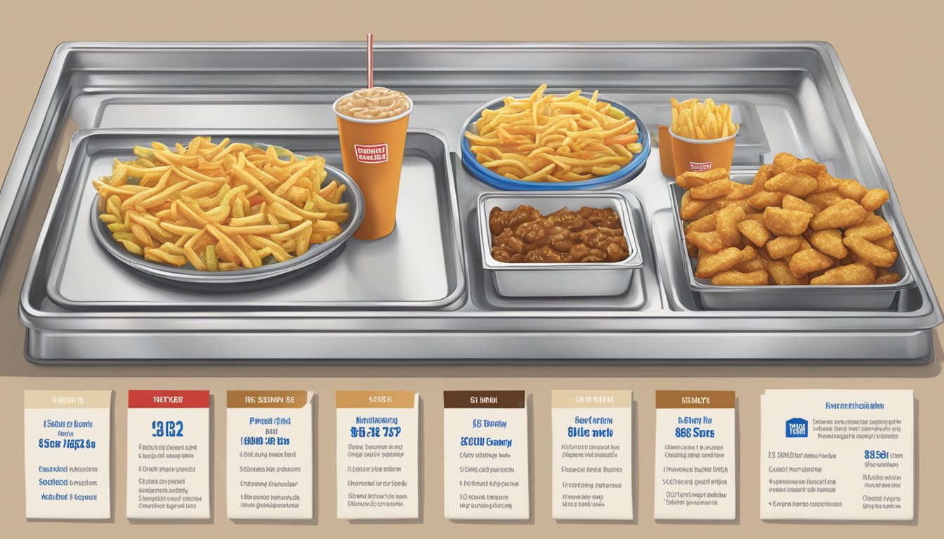 A table with two trays of food: one from Five Guys and one from White Castle. The trays display the nutritional information and dietary options for each restaurant's menu items