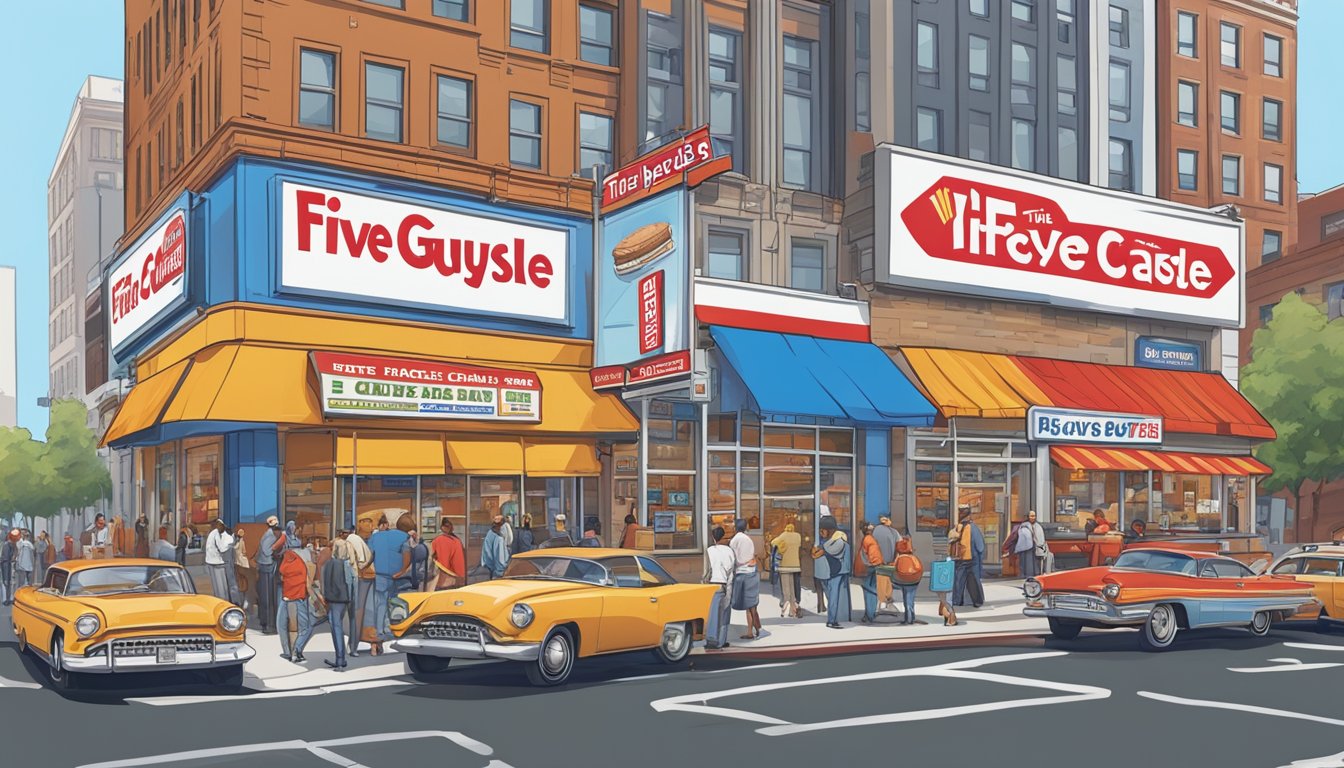 A bustling city street with a large, colorful billboard for Five Guys on one side and a smaller, retro-inspired sign for White Castle on the other