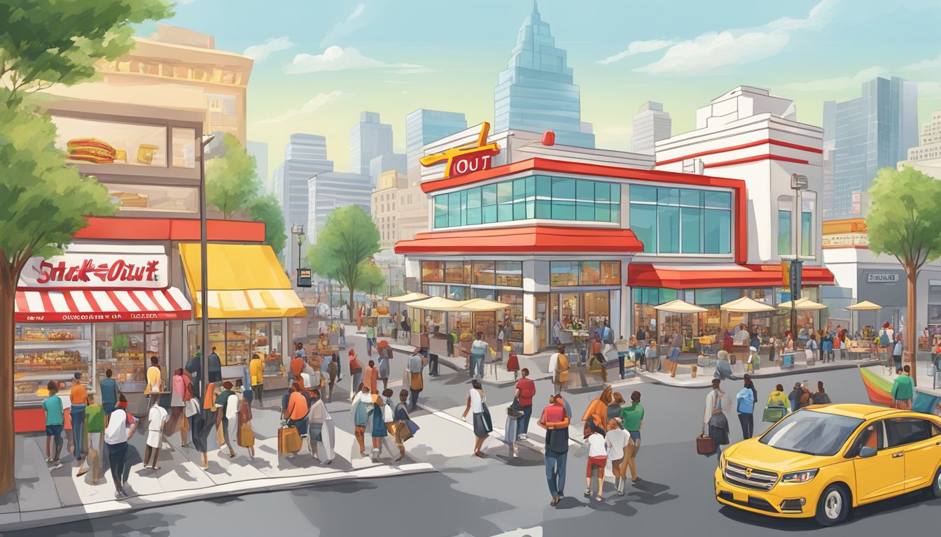 A bustling city street with iconic In-N-Out Burger and Shake Shack storefronts, surrounded by eager customers and bustling employees