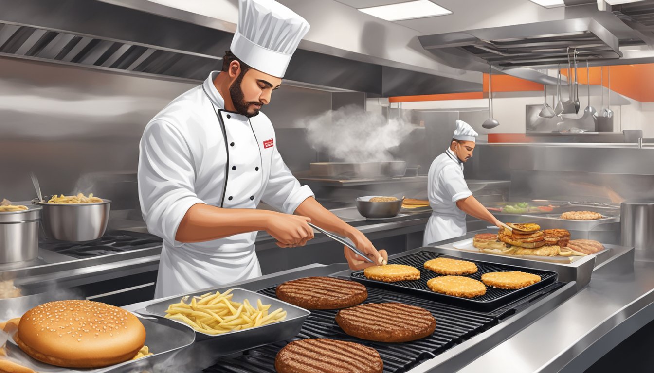 A chef grilling burgers at In-N-Out, while another chef prepares smashed patties at Smashburger, surrounded by various ingredients and cooking utensils