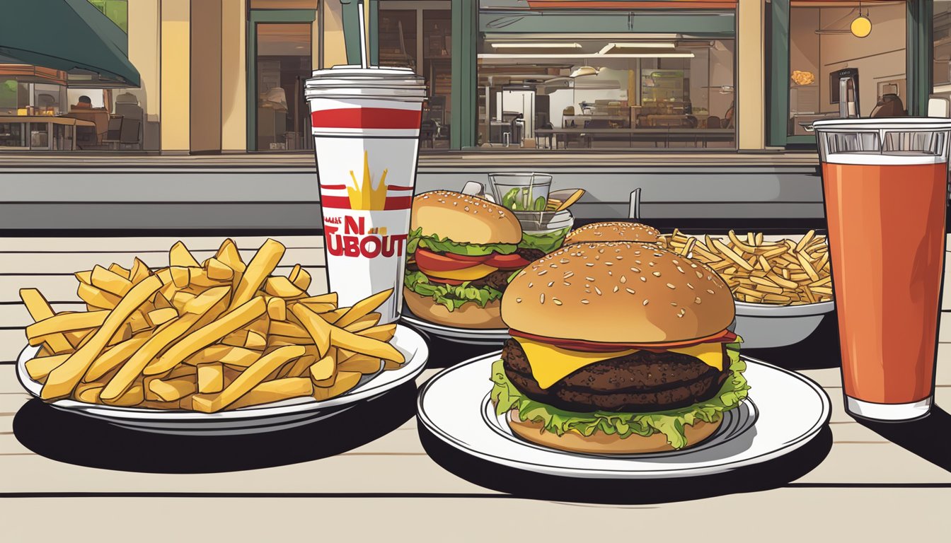 A table with two burgers, fries, and drinks. One plate has an In-N-Out burger, while the other has a Smashburger. Nutritional information is displayed next to each meal