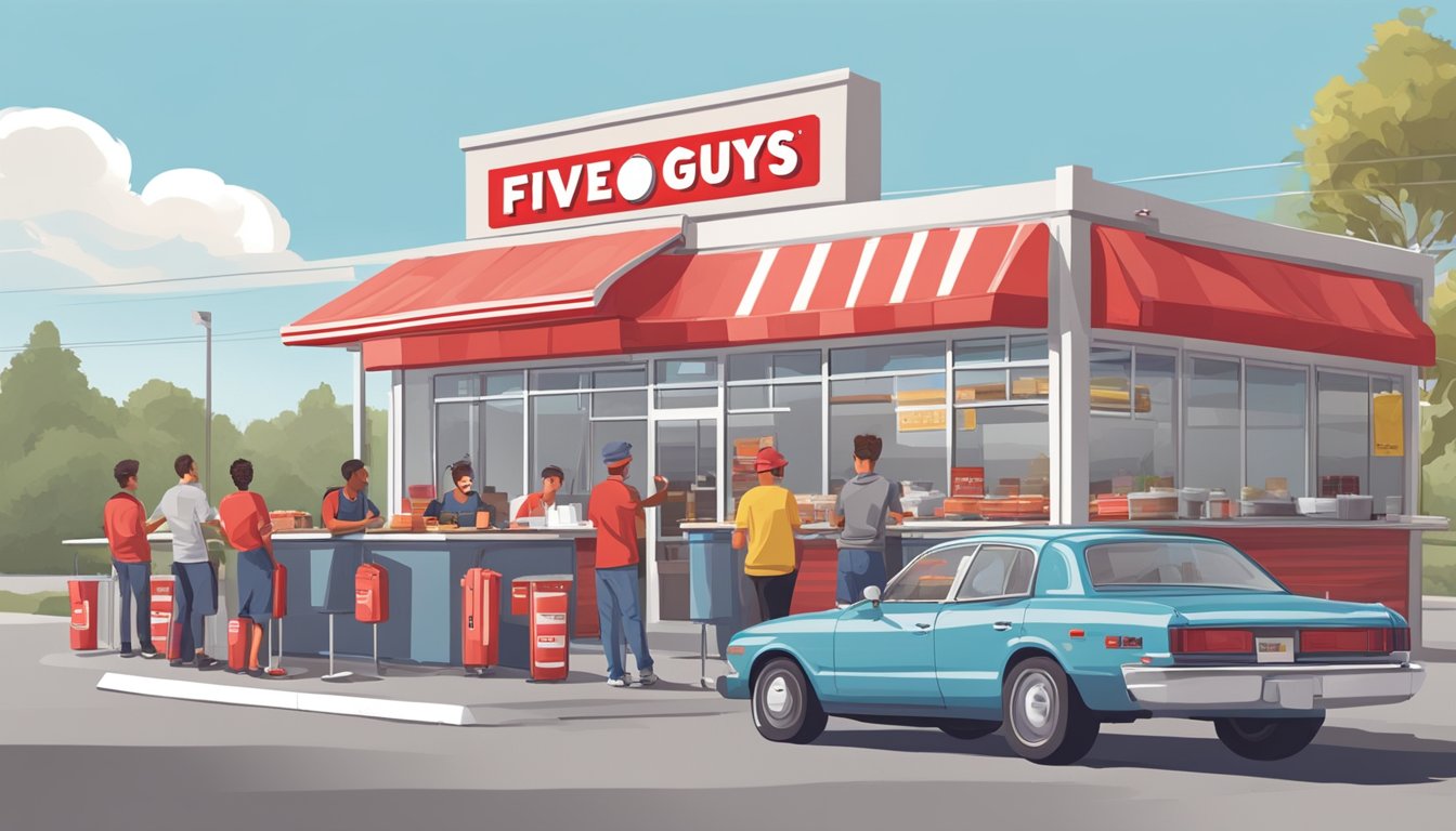 Five Guys: Busy, open kitchen with staff assembling burgers. Customers wait in line. Sonic Drive-In: Carhops deliver food to cars parked under canopy. Outdoor seating